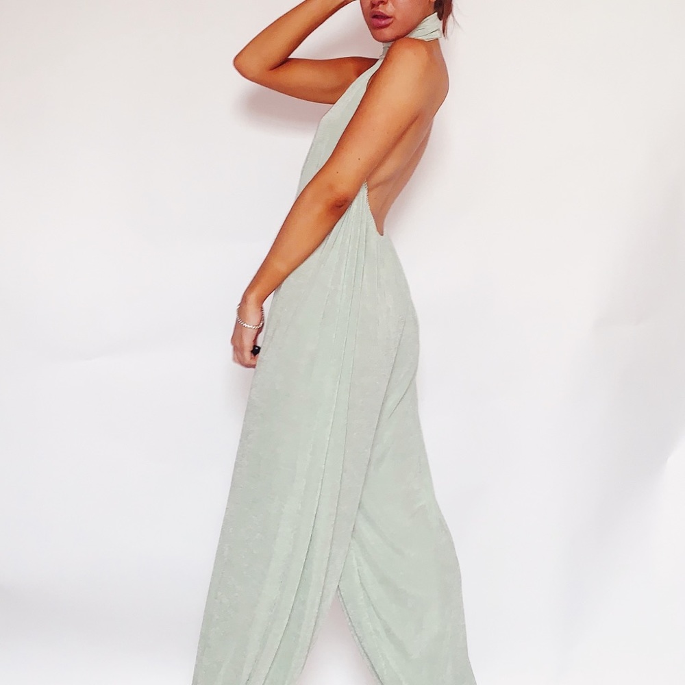 URBN Sage Green Halter Backless Jumpsuit